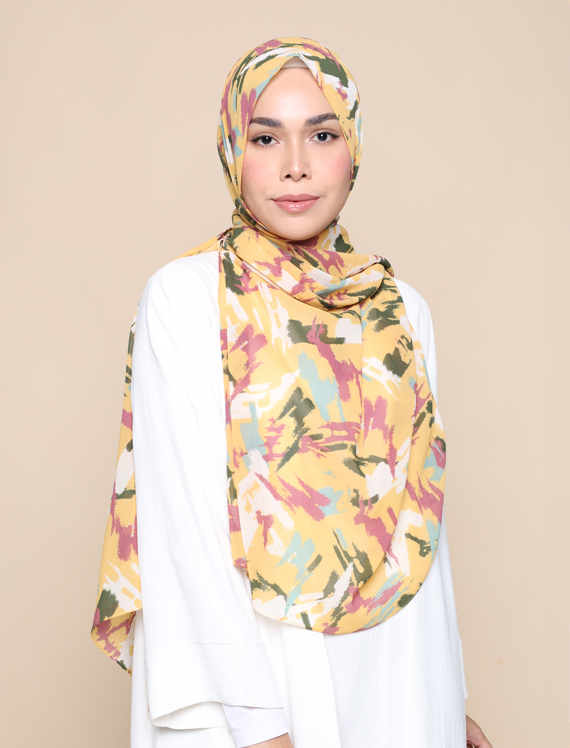 Brush Strokes Chiffon Curve Shawl - Mustard