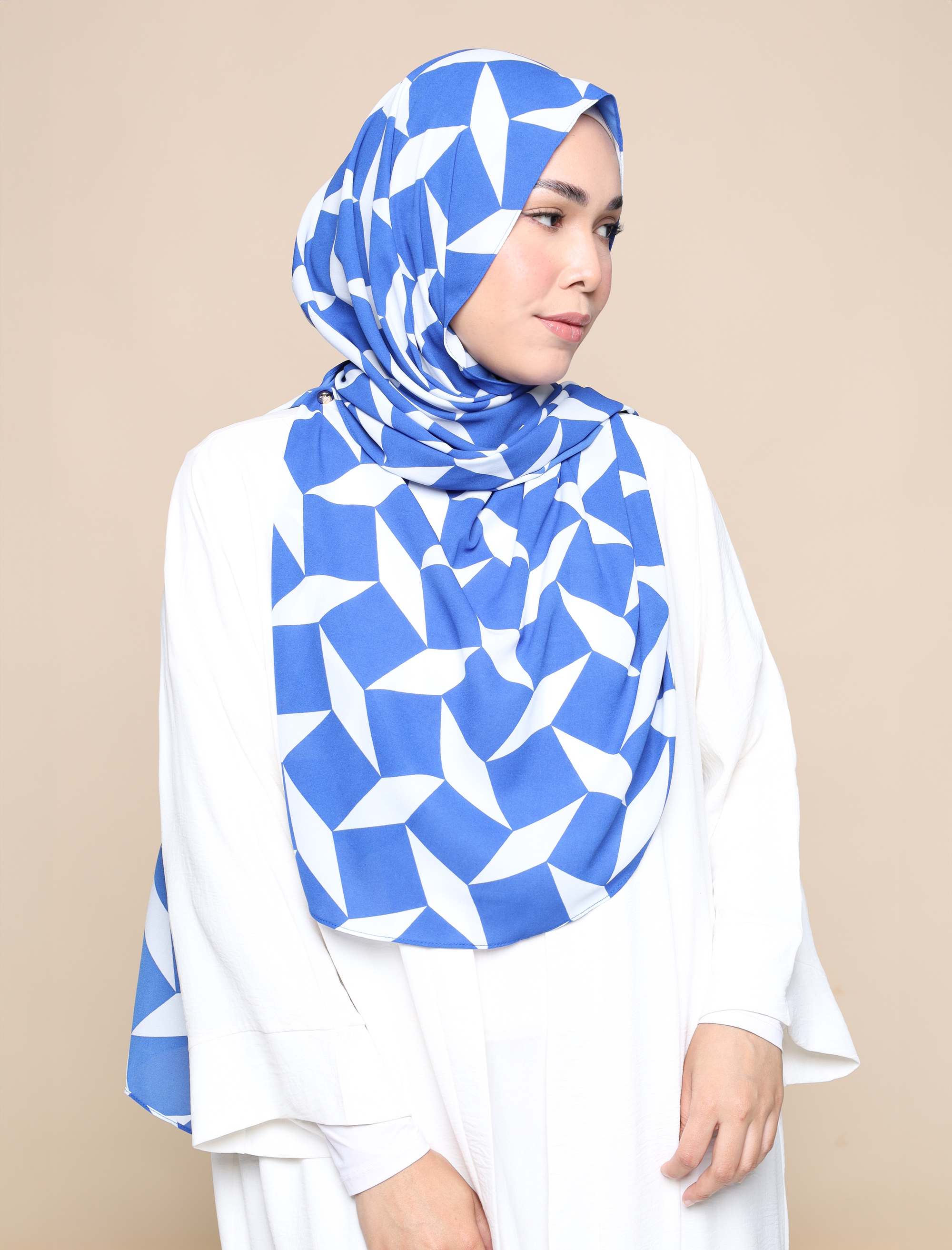 Squares Print Chiffon Curve Shawl - Blue