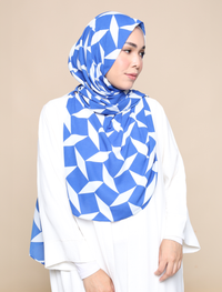 Squares Print Chiffon Curve Shawl - Blue